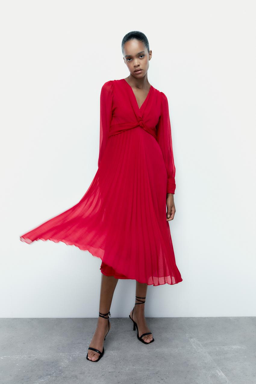 Pleated red dress zara Clearance