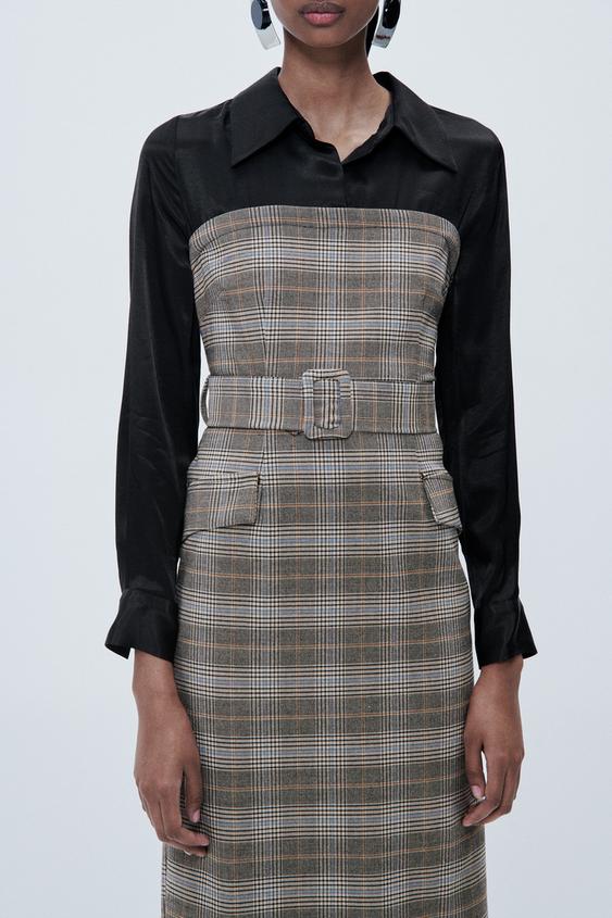 コントラストチェック柄ワンピース ゴールデンブラウン Zara Japan 日本 コントラストチェック柄ワンピース ゴールデンブラウン Zara Japan 日本