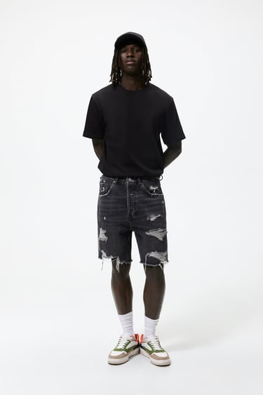 Image 0 of RIPPED DENIM BERMUDA SHORTS WITH TOPSTITCHING from Zara