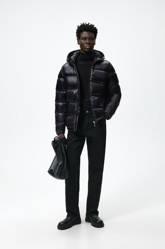 Black shiny puffer jacket with fur hood zara Clearance