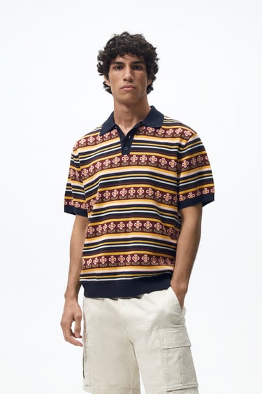 Image 0 of FLORAL JACQUARD KNIT POLO SHIRT from Zara