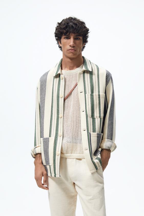 ストライプテクスチャー シャツジャケット グリーン Zara Japan 日本 ストライプテクスチャー シャツジャケット グリーン Zara Japan 日本