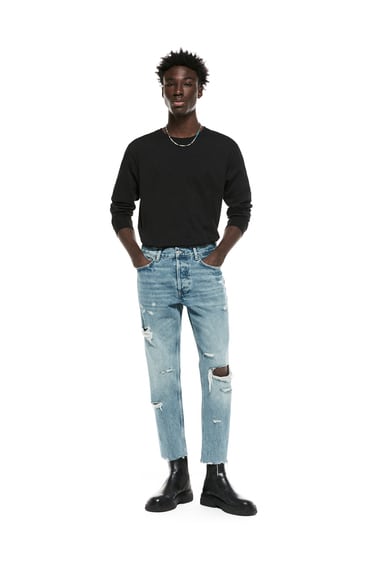 Image 0 of RIPPED STRAIGHT FIT JEANS from Zara