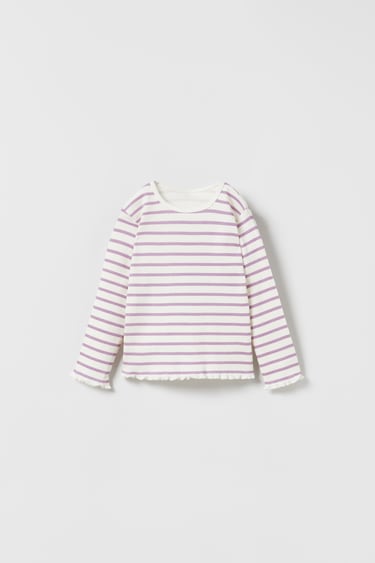 Image 0 of RIBBED STRIPED T-SHIRT WITH LETTUCE-EDGE TRIMS from Zara