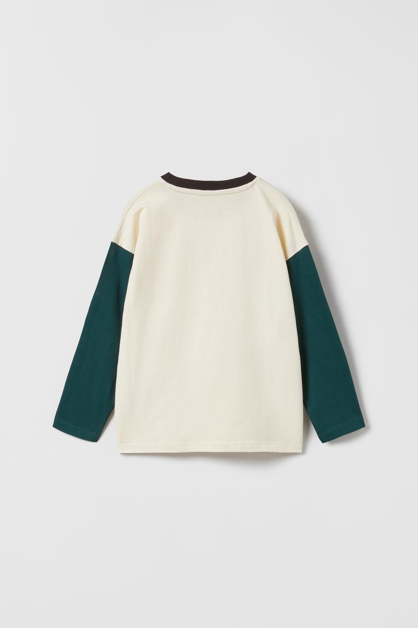 COLOUR BLOCK T-SHIRT WITH SLOGAN ON POCKET - Ecru / Green | ZARA Angola