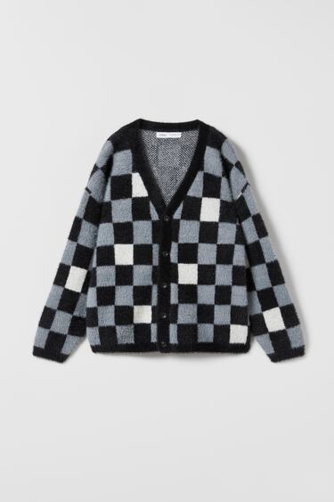Image 0 of FAUX FUR CHECK PRINT KNIT CARDIGAN from Zara