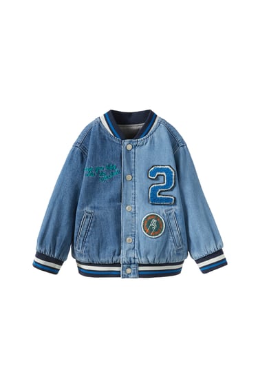 Image 0 of COLOUR BLOCK DENIM BOMBER JACKET WITH PATCHES from Zara