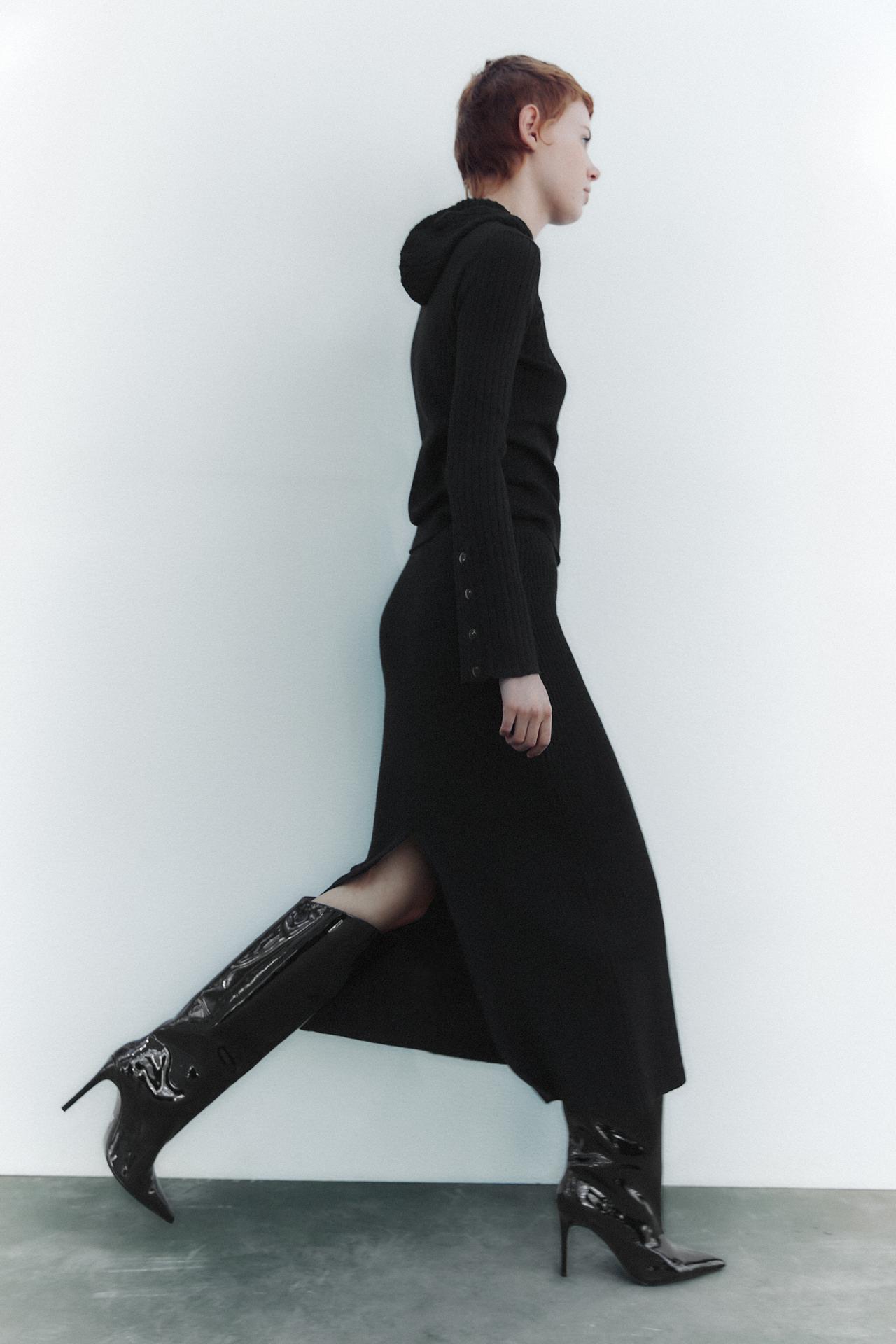 Zara patent Knee-high boots with stiletto heels. Wide calf with an asymmetric top, pointed toe and contrast interior.