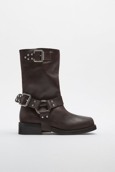 Image 0 of BUCKLED LEATHER BIKER BOOTS from Zara