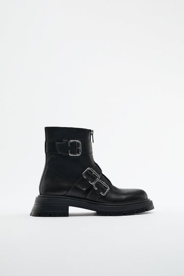 Image 0 of FLAT LEATHER ANKLE BOOTS WITH BUCKLED STRAPS from Zara