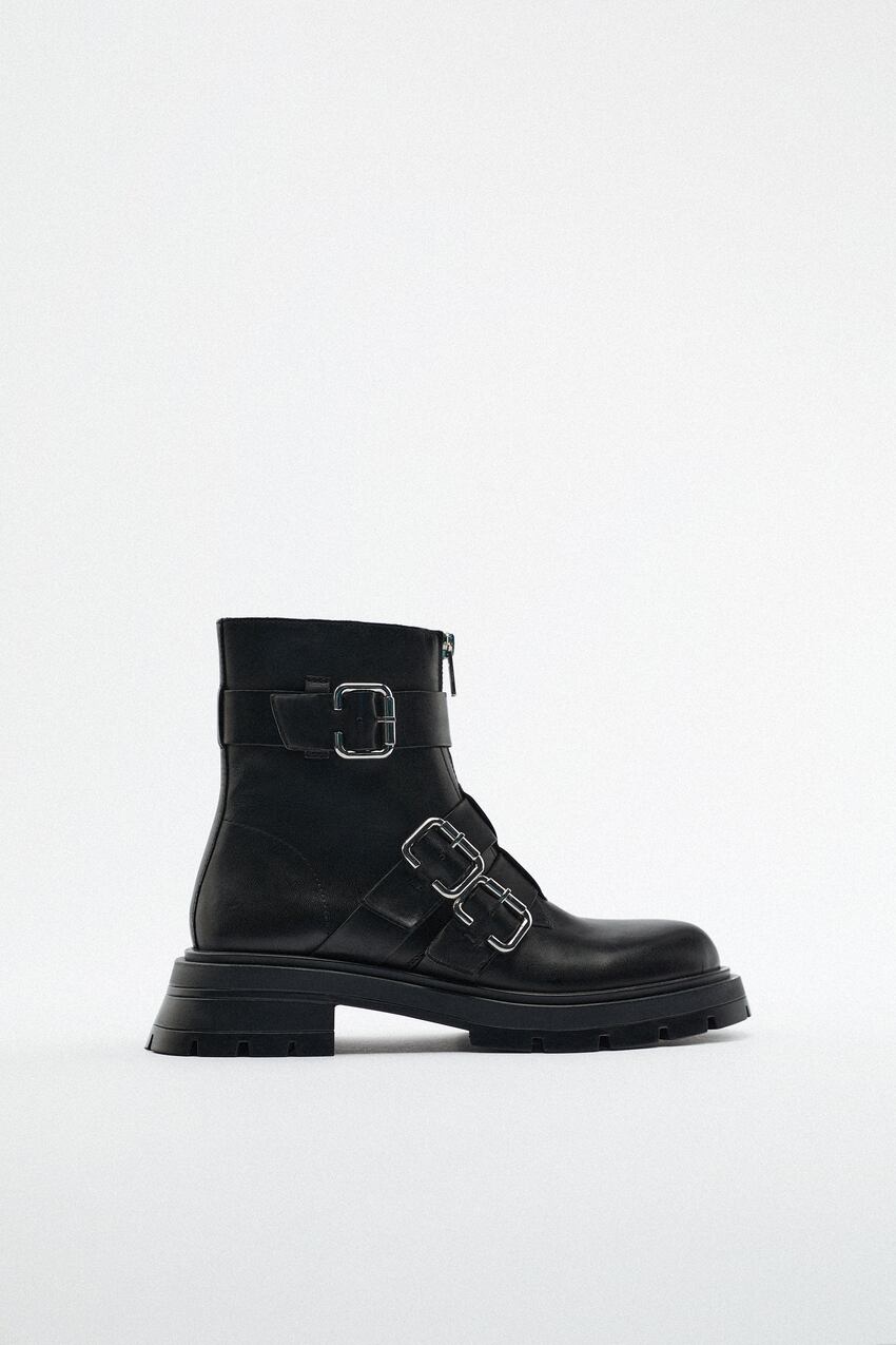 Zara Flat Leather Ankle Boots with Buckled Straps