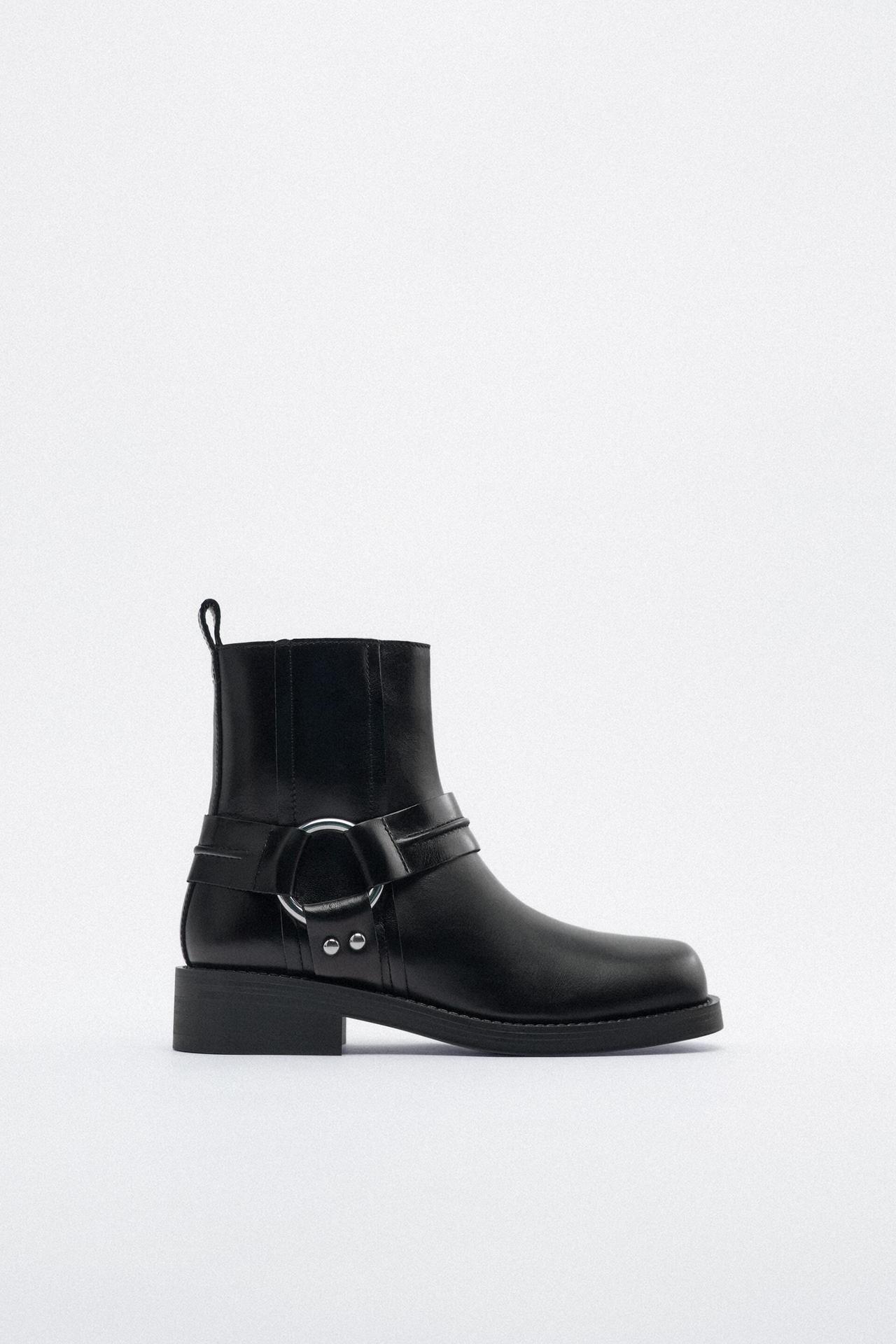 Zara black flat leather biker ankle boots. Leather straps with metal pieces. Back pull tab. Square toe.