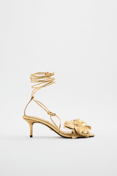 Image 0 of LACE UP TIED FLORAL MID-HEIGHT HEEL LEATHER SANDALS from Zara
