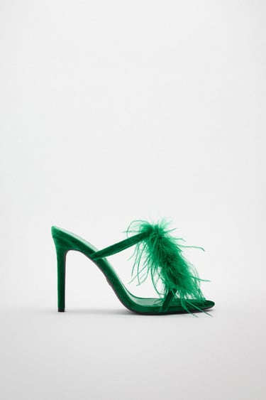 Image 0 of FEATHERED VELVET HEELED SANDALS from Zara