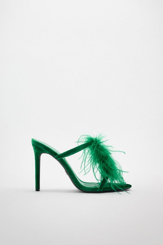 zara.com | Velvet heeled sandals with feathers
