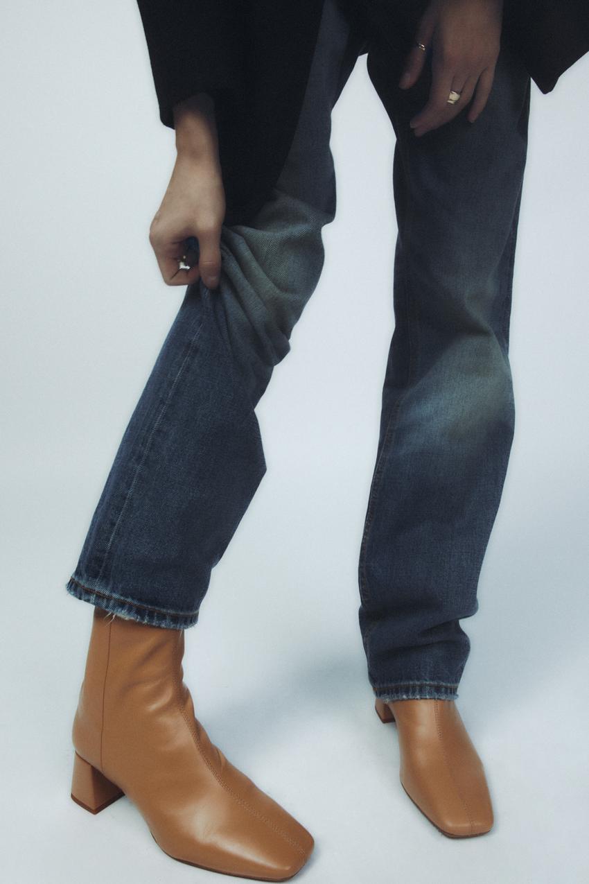 Leather High Block Heel Ankle Boots - Beige | Zara Australia