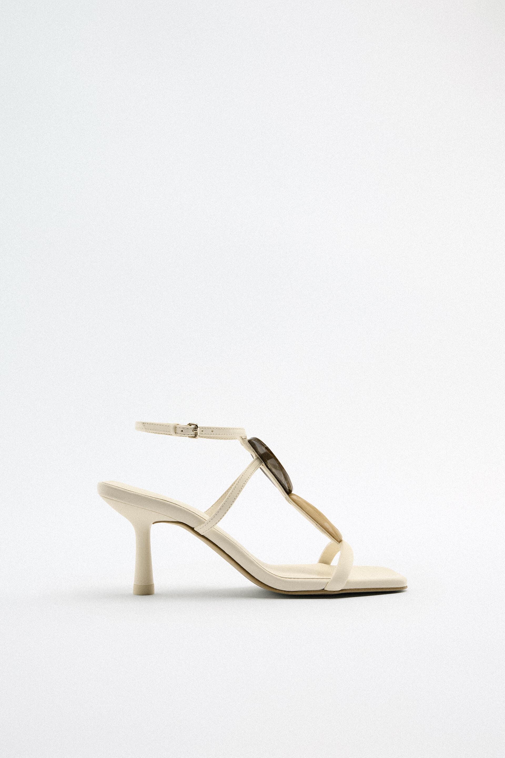 MEDIUM HEEL LEATHER SANDAL - Ecru White 