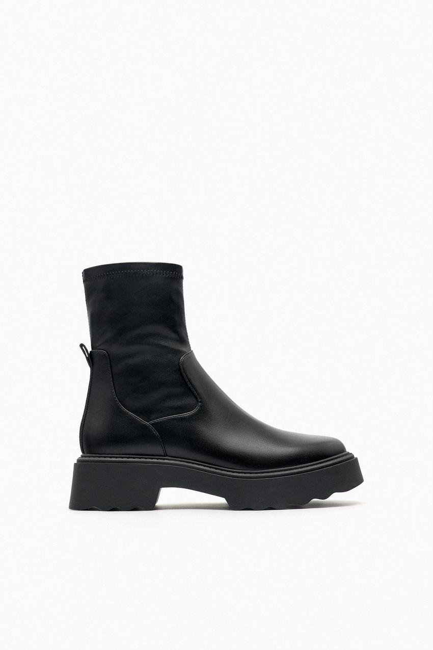 Flat leather ankle boots with track soles zara Clearance