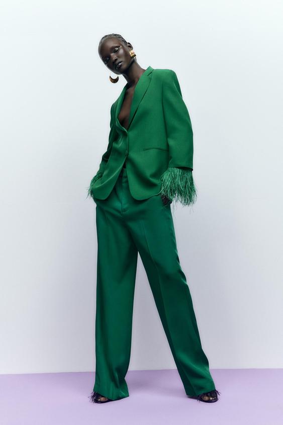 Green Zara suit - STRAIGHT BLAZER WITH FEATHERS, BLOUSE WITH SIDE VENTS, and FLOWING WIDE-LEG TROUSERS