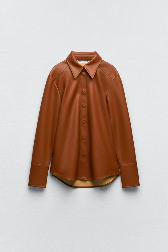 Zara brown leather shirt clearance