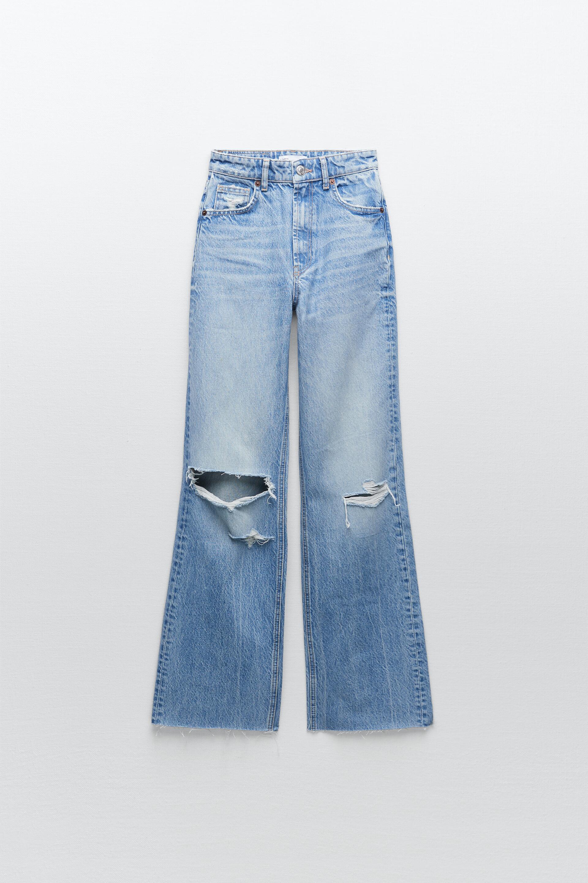 RIPPED WIDE LEG JEANS - Light blue 