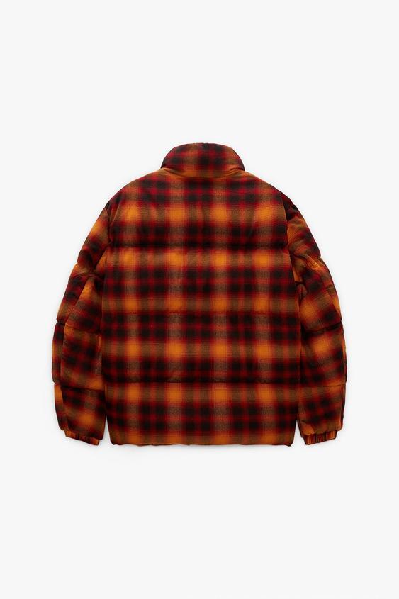 CHECK FLANNEL PUFFER JACKET - Orange 