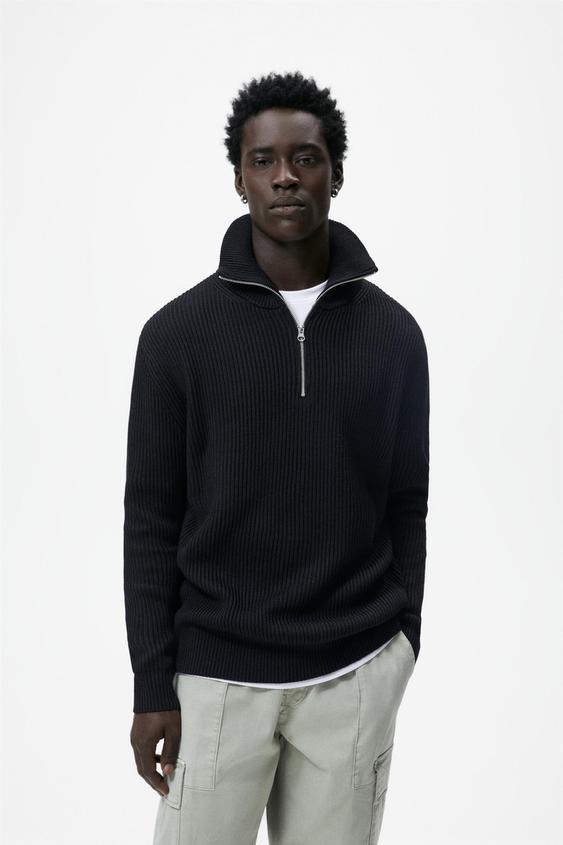 HIGH NECK SWEATER WITH ZIP - Black 