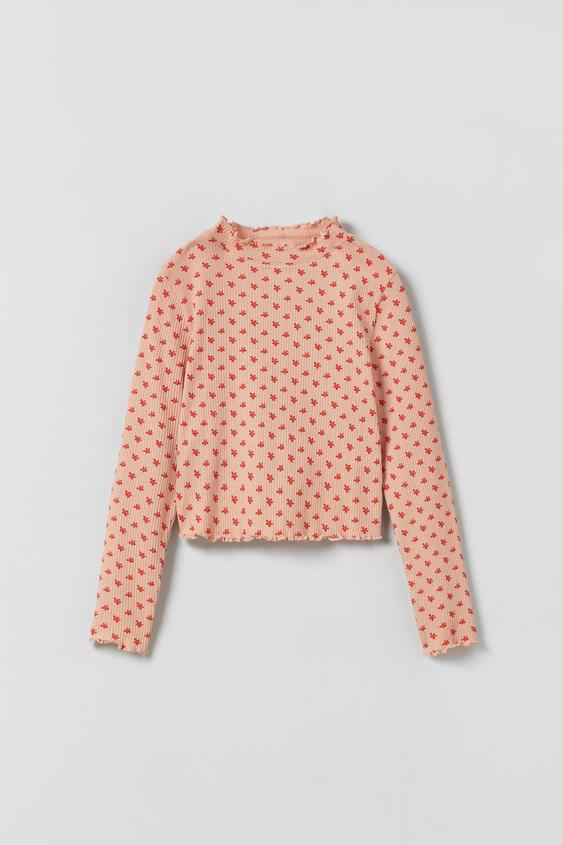 FLORAL HIGH NECK T-SHIRT - Pink | ZARA 