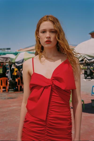 Image 0 of GATHERED DRESS WITH BOW from Zara