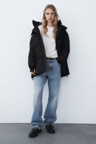 Hooded Quilted Jacket Black Zara, Zara Womens Fur Hooded Coat