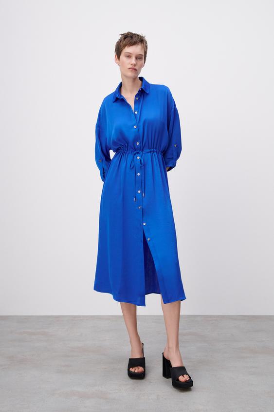 ギャザーサテン地ワンピース コバルト Zara Japan 日本 ギャザーサテン地ワンピース コバルト Zara Japan 日本