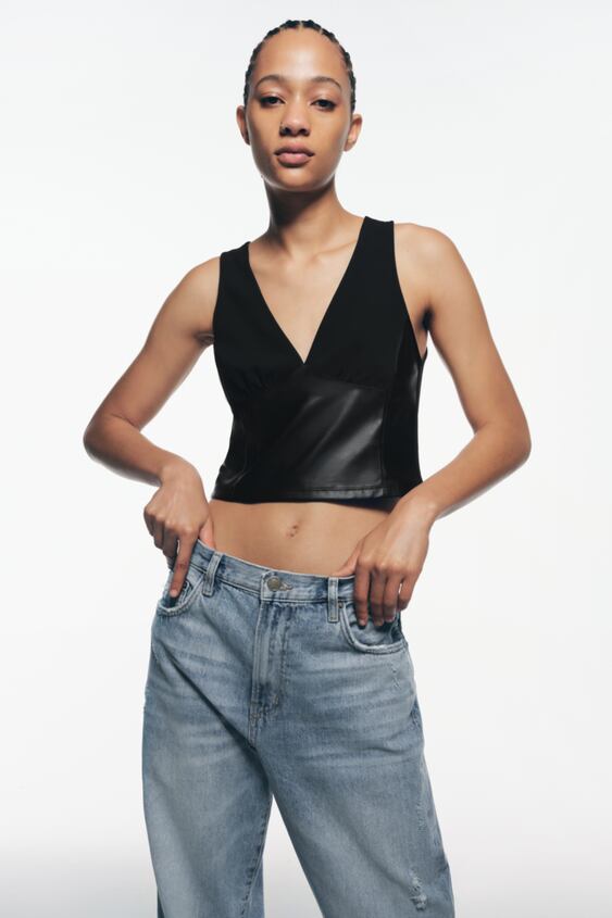 Contrast Faux Leather Top Black, Black Leather Top Zara