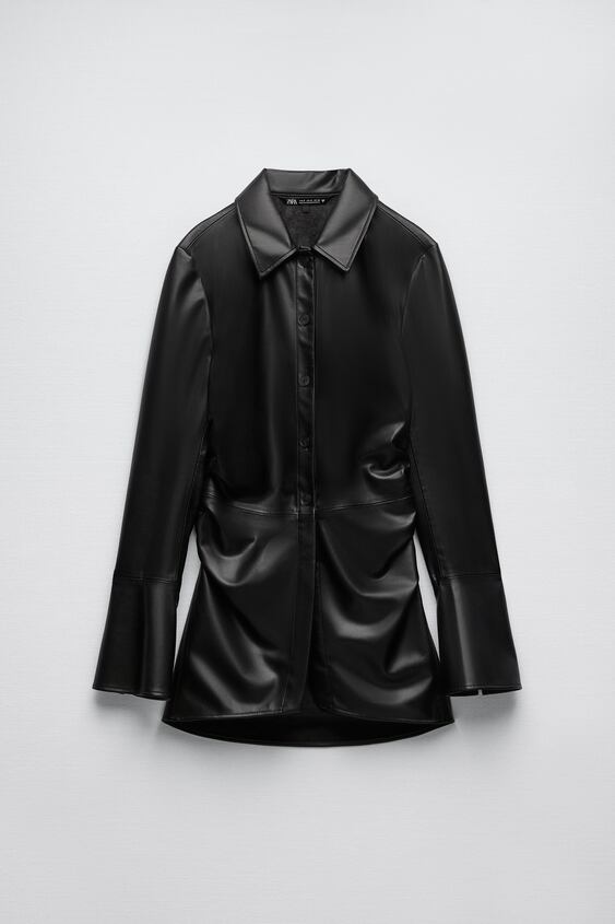 Fitted Faux Leather Overshirt Black, Black Leather Top Zara