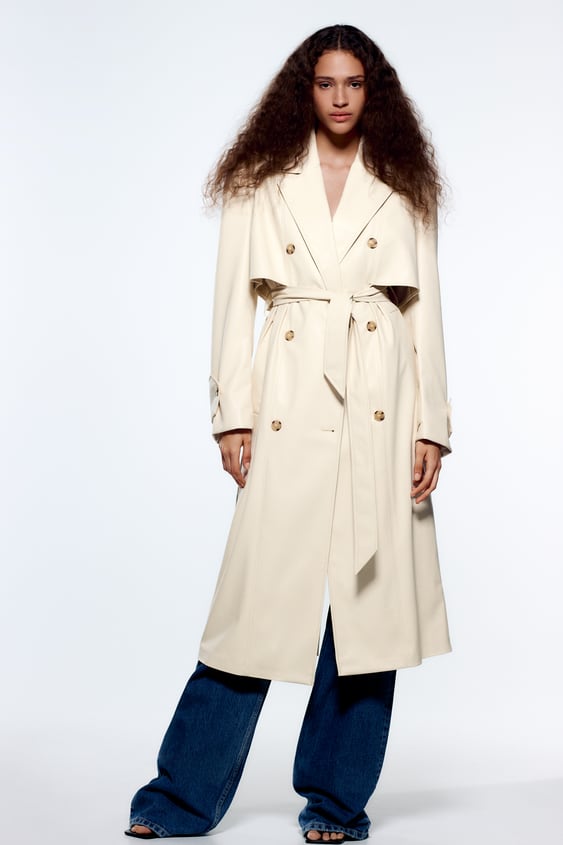 Faux Leather Trench Coat Ecru Zara, Zara Trench Coat With Faux Leather Sleeves
