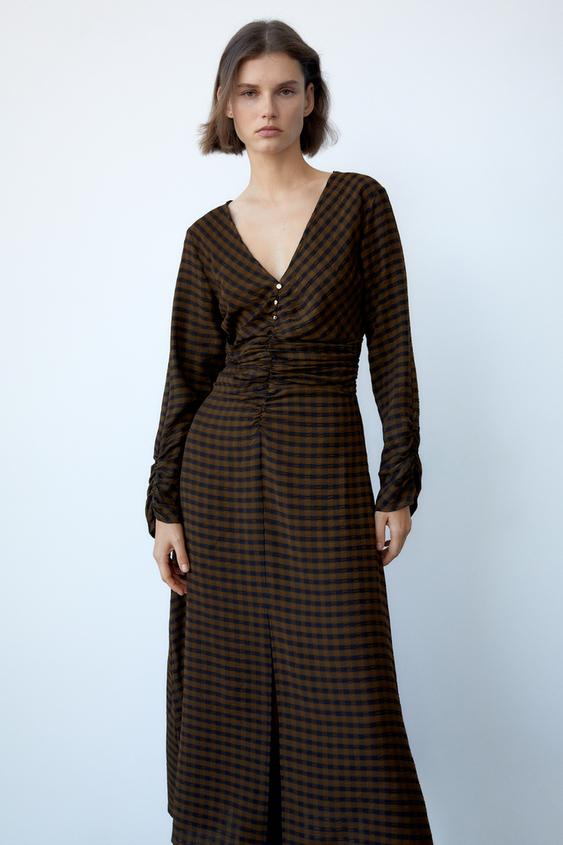 ドレープディテール入りチェック柄ワンピース ブラック グリーン Zara Japan 日本 ドレープディテール入りチェック柄ワンピース ブラック グリーン Zara Japan 日本
