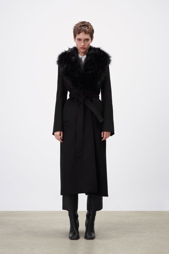 Belted Wool Blend Coat Black Zara, Long Wool Coat With Fur Trimmed Hoodie