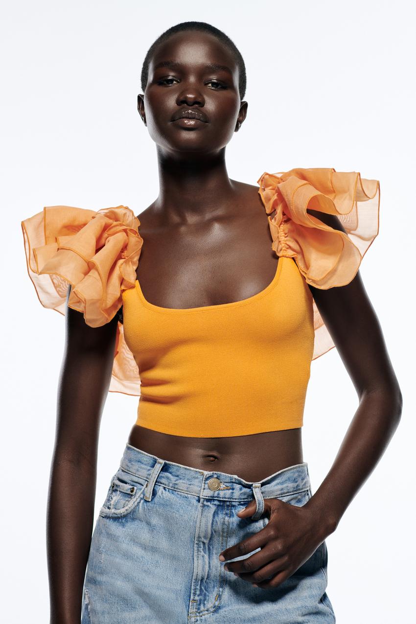 KNIT TOP WITH ORGANZA TRIMS Orange ZARA Spain