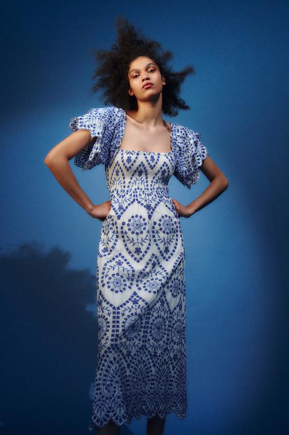 エンブロイダリーフリルスリーブ ワンピース エクリュ ネイビーブルー Zara Japan 日本 エンブロイダリーフリルスリーブ ワンピース エクリュ ネイビーブルー Zara Japan 日本