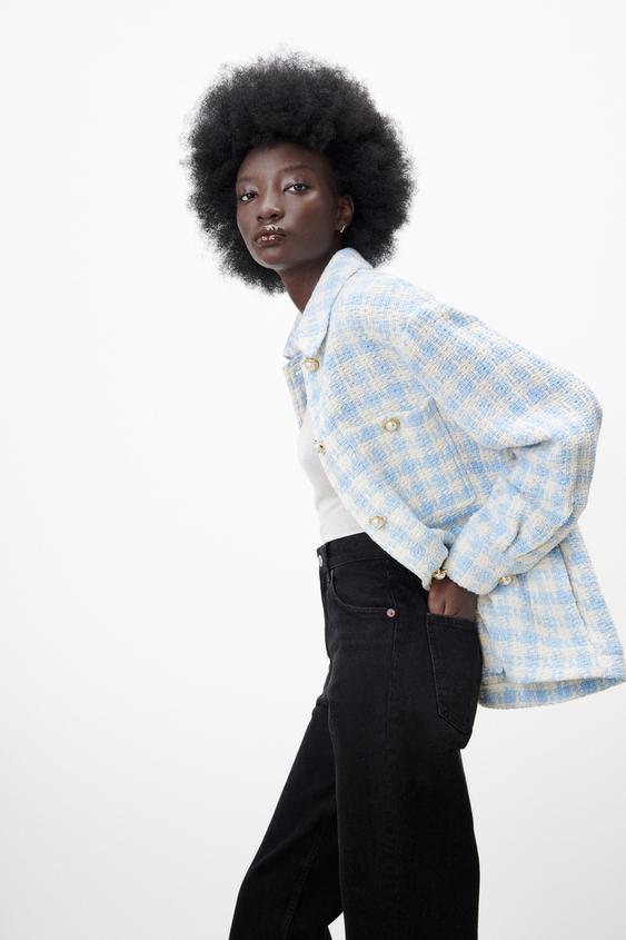 千鳥格子柄テクスチャーシャツジャケット エクリュ ブルー Zara Japan 日本 千鳥格子柄テクスチャーシャツジャケット エクリュ ブルー Zara Japan 日本