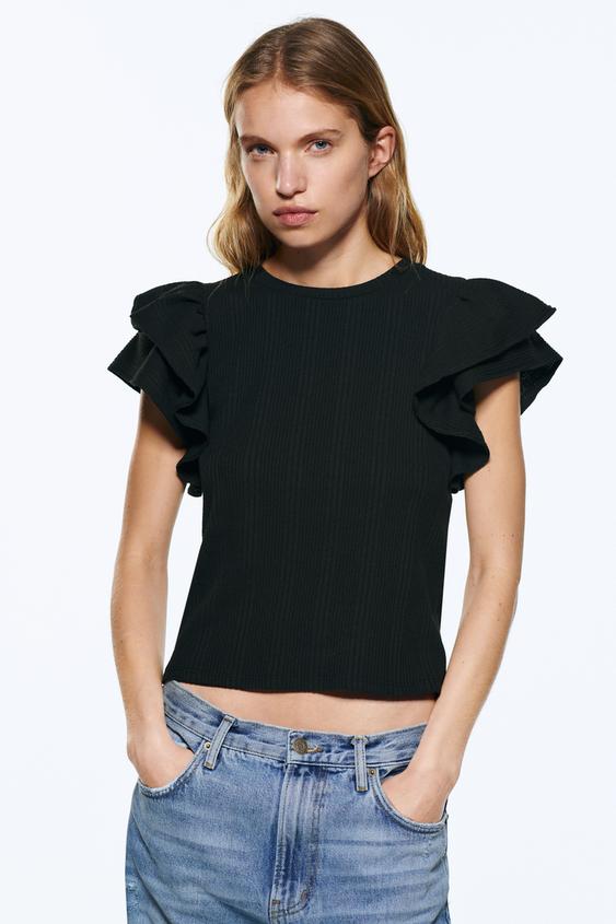 CAMISETA VOLANTES - Negro | ZARA México