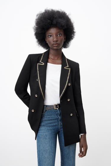 DOUBLE-BREASTED BLAZER WITH CONTRAST TRIM
