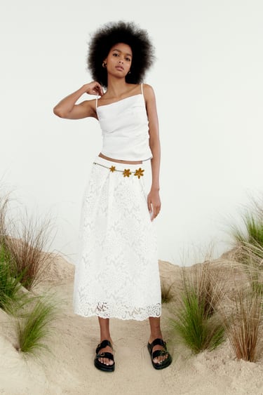 PERFORATED EMBROIDERY MIDI SKIRT
