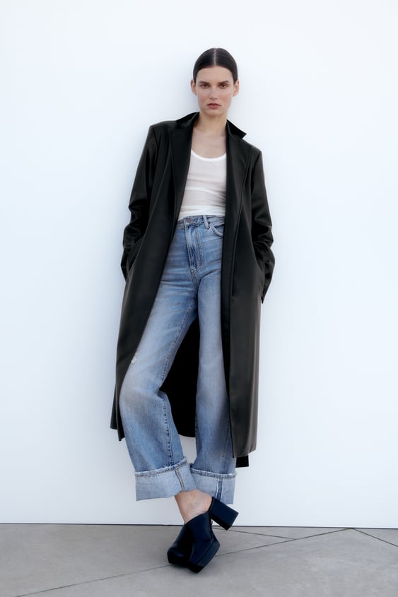 Long Faux Leather Coat Black Zara, Zara Trench Coat With Faux Leather Sleeves