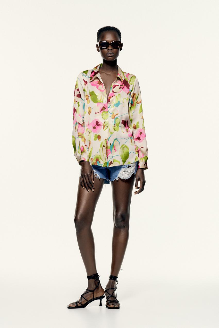 FLORAL SATIN BLOUSE Ecru Green ZARA Spain
