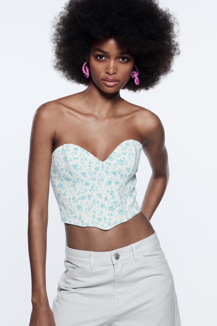 20 Corset Tops to Buy Right Now For a Bridgerton-Esque Wardrobe 21 Image 1 of FLORAL CORSET CROP TOP from Zara