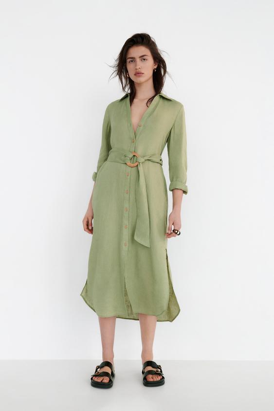 ベルト付きリネンワンピース ライトカーキ Zara Japan 日本 ベルト付きリネンワンピース ライトカーキ Zara Japan 日本