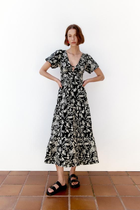 刺繍入りミディワンピース ブラック ホワイト Zara Japan 日本 刺繍入りミディワンピース ブラック ホワイト Zara Japan 日本