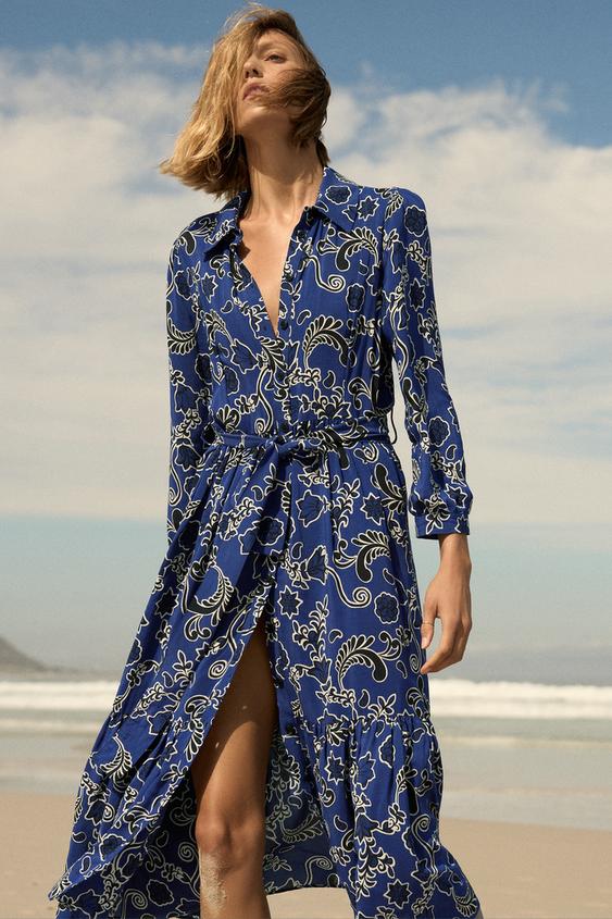 Zara printed shirt dress blue Clearance