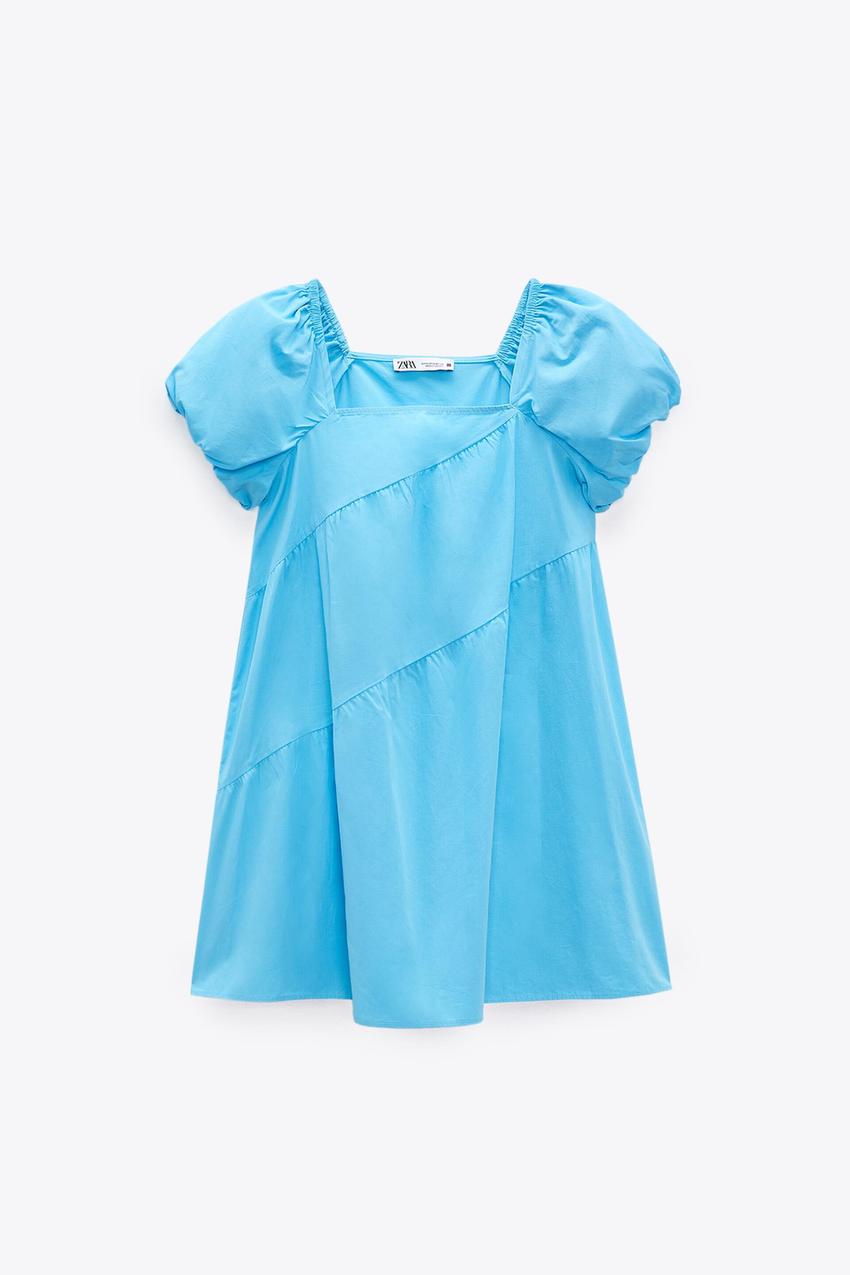 Zara tiered poplin dress blue Clearance
