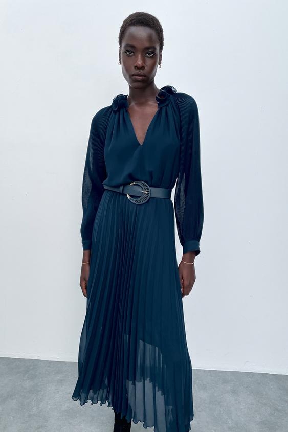 ベルト付きプリーツワンピース ディープブルー Zara Japan 日本 ベルト付きプリーツワンピース ディープブルー Zara Japan 日本